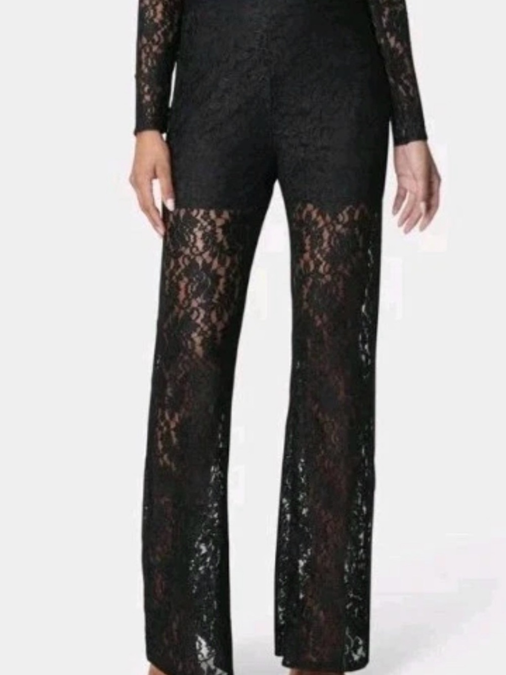 BEBE FLORAL LACE SEMI SHEER WIDE LEG BLACK PANTS W/SHORTS Mย pockets M size 8